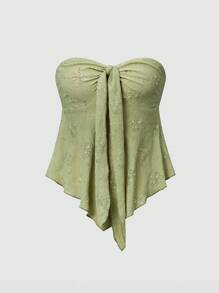 Sweetra Áo quây không dây màu trơn, chất liệu có họa tiết, thắt nút, phong cách Y2K dành cho nữ. - màu xanh lá - Xem 3