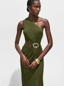 Maija 2025 秋季婚礼宾客时尚优雅早午餐装、机场装、波西米亚度假风格、音乐节、复活节、毕业季日常休闲腰部金属装饰不对称肩部中长连衣裙、商务休闲都市通勤时尚优雅复古女士办公室装 - 軍綠色 - 查看 5