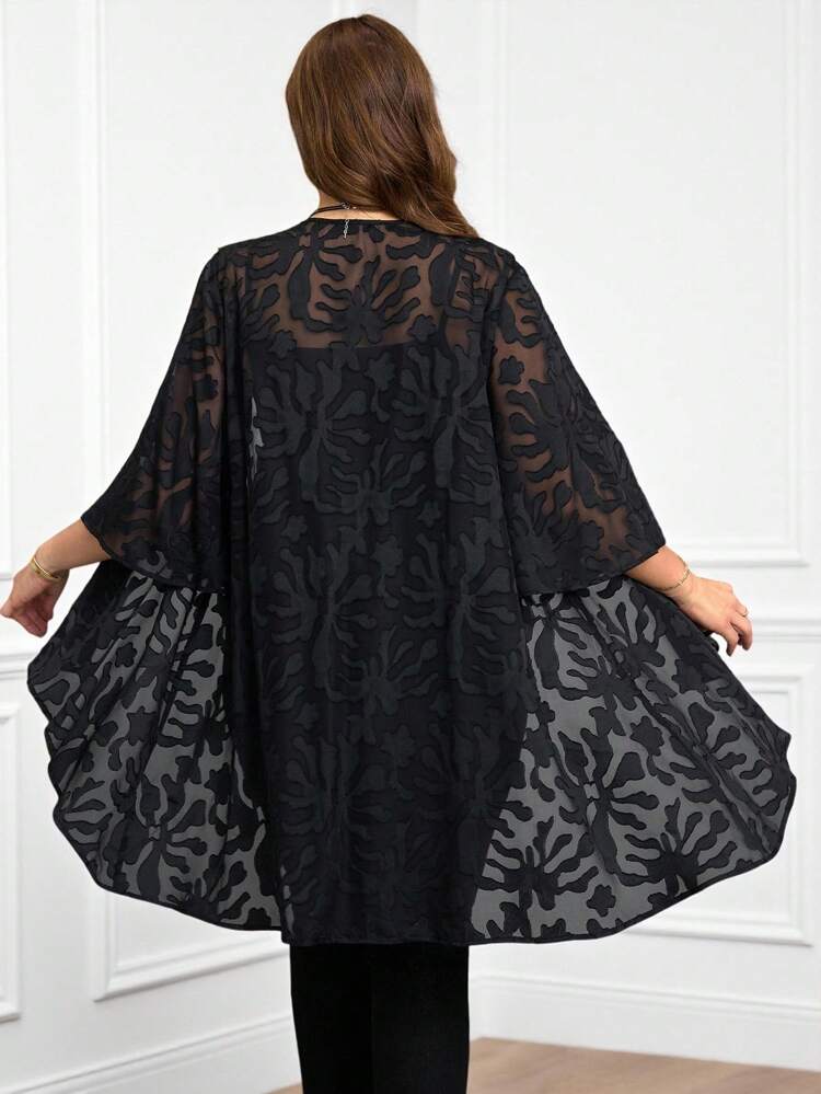 Plus Size Women Black Jacquard Pattern 3/4 Sleeve Loose Open Front Cardigan Sweater Summer Spring For Women Vacation Woman Western Wear Women Blouses For Women Elegant Concert