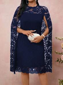 Cravure 女士加大码圆领开衩长袖斗篷宽松蕾丝连衣裙夏季女装春装优雅蕾丝连衣裙婚礼女装浪漫连衣裙婚宴商务休闲连衣裙 - 藏蓝色 - 查看 3