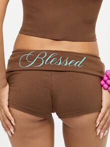 SUMWON WOMEN Two Piece High Neck Zip Top And Booty Shorts Co Ord Set - Crop Set With Lettering Print Festival Summer Beachwear - Brown - View 6