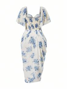 SHEIN CURVE+ 大码女式甜心领印花雪纺荷叶边短袖优雅复古可爱假日浪漫中长款伞裙