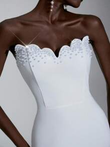 Elitara 优雅奢华白色手工全胸珍珠贝壳领高腰修身美人鱼下摆连衣裙，适合婚礼、新娘礼服 - 白色 - 查看 3