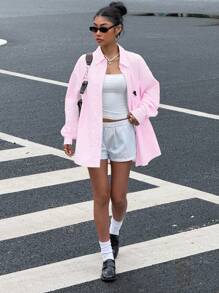 SHEIN EZwear 女士刺绣装饰粉色条纹宽松长袖衬衫 粉色条纹衬衫 粉色马刺绣衬衫 - 粉色 - 查看 4