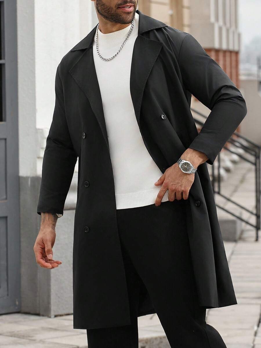 Manfinity Homme 男士加大码双排扣平纹休闲风衣,长款男士外套,黑色男士风衣,男士长款外套,男士风衣套装,秋季 - 黑色 - 查看 1