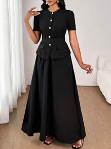 SHEIN Lady 优雅通勤纯色复古腰带夹克和裙子套装金属扣老钱风格女士早午餐装女士优雅装