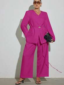 GENKIRA 优雅长袖西装外套搭配直筒阔腿西装裤，办公室穿着 - 玫紅色 - 查看 6