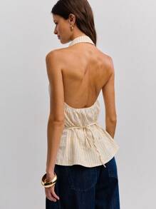 Nöista 夏季中国风领口亚麻条纹无袖蝴蝶结细节，饰有亚麻条纹和蝴蝶结细节！ - 杏色 - 查看 2