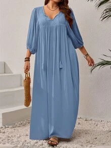 EMERY ROSE 大码女式撞色蕾丝流苏系带灯笼袖休闲连衣裙 - 淺藍色 - 查看 4