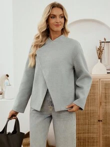 SHEIN LUNE Women's Solid Color Oblique Placket Long Sleeve Loose Woolen Coat,Light Grey Autumn Casual Everyday Business Jacket,Modern Winter Clothes For Woman - Grey - View 5