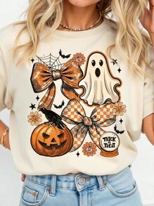 EMERY ROSE Halloween Pumpkin Ghost Print Plus Size T-Shirt - Beige - View 1