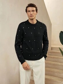 Manfinity Homme 时尚博主风格纯色重工装饰水钻男士毛衣，欧美新款男士水钻毛衣男士装饰毛衣，秋冬 - 黑色 - 查看 1