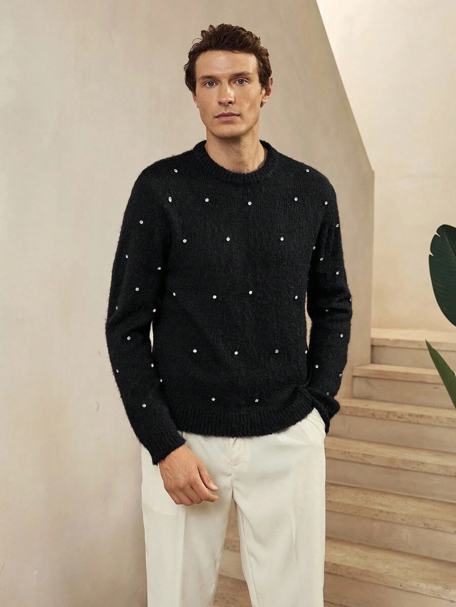 Manfinity Homme 时尚博主风格纯色重工装饰水钻男士毛衣，欧美新款男士水钻毛衣男士装饰毛衣，秋冬 - 黑色 - 查看 1