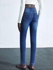 Maija 女士休闲修身保暖牛仔裤 女士蓝色天鹅绒高腰修身打底裤 舒适高弹牛仔保暖裤 冬季休闲装 - 深色水洗藍 - 查看 3