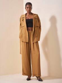 Zivah 2025春秋新款优雅通勤休闲派对宽松纯色卡其色长袖翻领系带金属扣装饰薄外套和阔腿长裤有口袋女装2件套