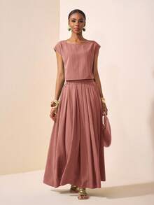 Zivah 2025新款夏季休闲度假优雅日常约会沙滩装生日派对圆领插肩袖短袖剪裁T恤+百褶裙长裙绿波条纹梭织女士两件套 - 粉色 - 查看 6