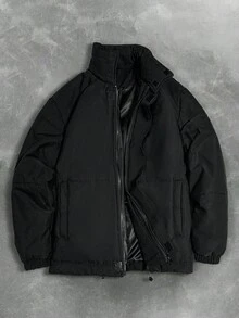 Manfinity Hypemode 男士时尚百搭纯色立领户外风衣夹克，冬季黑色羽绒夹克黑色拉链夹克羽绒夹克宽松羽绒夹克黑色冬季夹克宽松夹克 Techwear 夹克 Y2k 夹克黑色夹克，秋季 - 黑色 - 查看 3