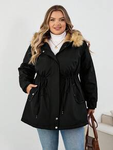 SHEIN CURVE+ 加大码，法兰绒，厚毛领，帽子，束腰棉夹克，黑色休闲女士棉夹克加大码冬季夹克加大码仿皮草夹克 8xl 女士夹克加大码连帽夹克加大码保暖夹克秋季/秋冬 - 黑色 - 查看 6