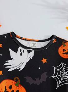 SHEIN 青少年男孩夜光万圣节南瓜和鬼魂印花紧身睡衣套装，长袖上衣和裤子，2 件套，返校时尚万圣节男童紧身睡衣 - 黑色 - 查看 6