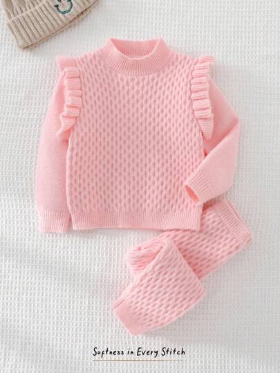 Cozy Pixies 2 件套女婴纯色针织柔软圆领荷叶边长袖上衣和纯色裤子套装