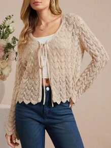 SHEIN Amorya 女士纯色条纹镂空袖轻薄棉质针织开衫，防晒外套，女士返校服装，音乐会返校节服装，女士办公室服装，教师服装，夜间外出教堂服装，女士早午餐服装，女士生日礼服，女士婚礼宾客礼服，女士秋冬服装 - 卡其色 - 查看 10