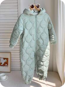 SHEIN Zielony, teksturowany, termiczny, podszyty, swobodny, w stylu vintage, chłopięcy kombinezon typu "wszystko w jednym", z kapturem i długim rękawem, odpowiedni do zabawy na śniegu, na jesień/zimę