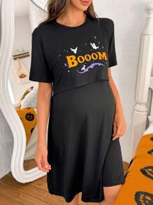 SHEIN Camisón de maternidad de manga corta con estampado de elementos de Halloween "Luz de luna y mamá"