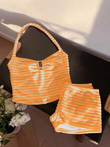 Comfortcana Bộ áo yếm xếp nếp in họa tiết sọc và quần short siêu ngắn phong cách nghỉ mát mùa hè cho nữ - trái cam - Xem 4