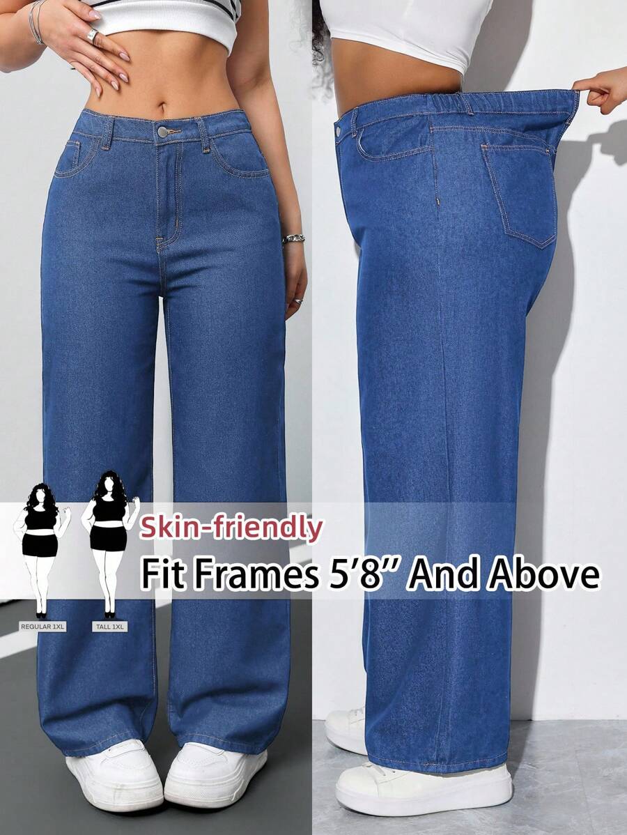 SHEIN Tall CURVE Pantalones vaqueros anchos de pierna ancha de talla grande de color azul oscuro sueltos para mujeres, para el trabajo, el aeropuerto, las vacaciones, el club, de cintura alta, vintage, con control de barriga, de talla grande y de pierna ancha