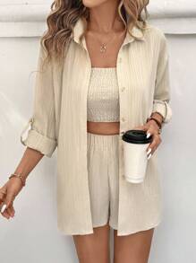 Sylviya Women's Khaki Woven Fabric Two-Piece Outfit: Casual Collared Crop Top And Shorts Set With Wrist-Length Sleeves And Pocket Details - Khaki - View 5