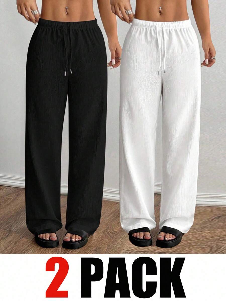 Flirla Petite 2 pièces Ensemble de pantalons droits de couleur unie noir et blanc pour femmes - Noir et Blanc - Voir 1