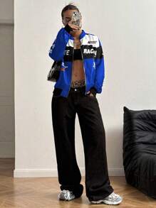 SHEIN PETITE Letter Print Contrast Color Drop Shoulder Bomber Jacket For New Year Clothes Fall Winter Cloth For Women - Blue - View 5