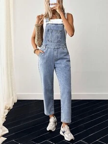 EMERY ROSE Patched Pocket Denim Overalls Without Tee - Light Wash - View 1