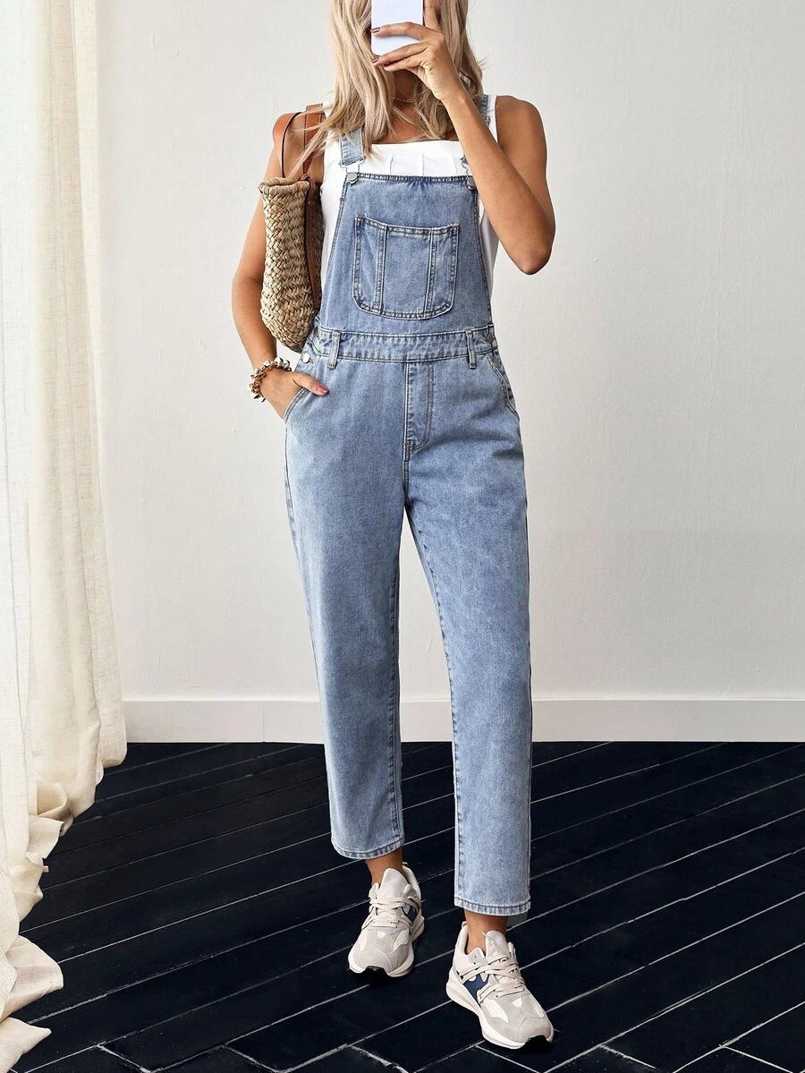 EMERY ROSE Patched Pocket Denim Overalls Without Tee - Light Wash - View 1