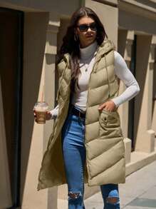SHEIN Cottnline Sleeveless Hooded Pocket Zip-Up Jacket - Beige - View 6