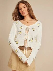 WESTFADE Cárdigan de punto con cuello en V, lazo delantero y bordado floral, corte relajado, tops lindos de otoño para volver a la escuela, estilo campestre