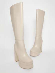 Solezae Botas altas hasta la rodilla con plataforma y cremallera lateral para mujer - Beis - Ver 2