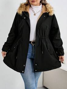 SHEIN CURVE+ 加大码，法兰绒，厚毛领，帽子，束腰棉夹克，黑色休闲女士棉夹克加大码冬季夹克加大码仿皮草夹克 8xl 女士夹克加大码连帽夹克加大码保暖夹克秋季/秋冬 - 黑色 - 查看 4