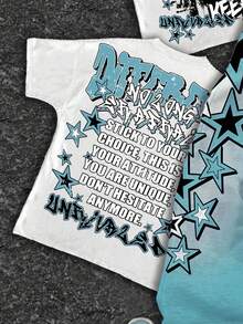 SHEIN Bolty Tween Boy Casual Classic Cool Character Portrait & Text Print Crew Neck T-Shirt, Star Print Flare Pants 2 Pieces Set, Suitable For Summer - Multicolor - View 5