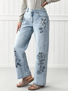 EMERY ROSE Jeans rectos y sueltos con estampado floral casual - Lavado ligero - Ver 5