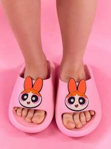 THE POWERPUFF GIRLS X SHEIN 可爱卡通花朵粉色女童儿童一脚蹬拖鞋幼儿和儿童防滑速干淋浴滑梯，轻便耐用的 EVA 材质，适合室内、浴室、游乐场、游泳池、海滩室内室外 - 粉色 - 查看 2