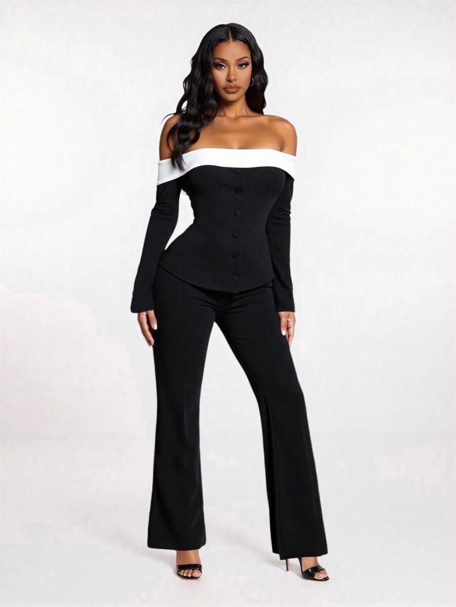 SHEIN SXY Women's Elegant Black & White Contrast Vintage Off Shoulder Blouse,Autumn Classy Top For Dining,Dates,Commute,Formal Occasions,Button-Up Corset Top - Black and White - View 1