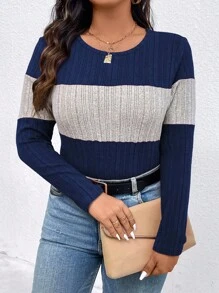 EMERY ROSE Plus Size Contrast Color Round Neck Ribbed Long Sleeve Casual T-Shirt Graphic Tees Women Tops For Spring Fall - Multicolor - View 6