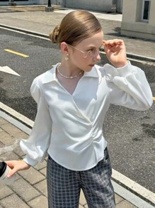 少女优雅纯色灯笼袖衬衫 - 白色 - 查看 5