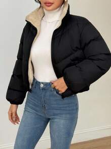 SHEIN PETITE Women's Zipper Long Sleeve Fashionable Popular Winter Insulated Padded Coat, Dress Casual ,Business Casual Outfits Women,Fall Clothes For Women,Going Out Tops