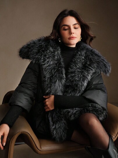 Anewsta Premium Luxury Thick Coat With Knit Cuffs And Oversized Faux Fur Collar, Suitable For Autumn, Fall, Winter, Going Out, Elegant, Formal, Party, Chic, New Year, Women's Winter Coat, Christmas, Work, Graduation, Wedding