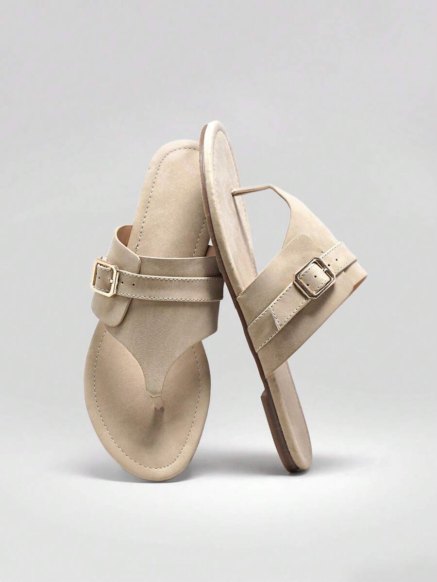 Solezae 休闲纯色绒面革女士简约风格平底人字凉鞋