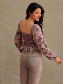 WESTFADE Floral Printed Woven Sweetheart Neck Balloon Long Sleeve Peplum Top Fall, Autumn, Winter, Casual, Cute, Western Wear, Boho - Pink - View 2