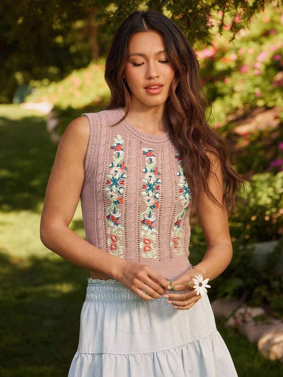 WESTFADE Mixed Stitch Crewneck Relaxed Fit Country Western Floral Embroidered Cable Knit Sweater Vest Spring Summer Top - Pink - View 1