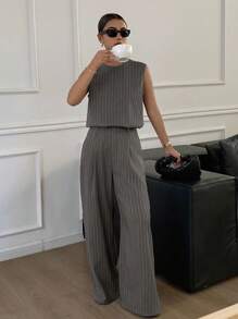 Livesso Bộ 2 món áo không tay và quần ống rộng kẻ sọc mùa hè cho nữ - Xám - Xem 6